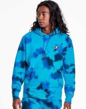 Champion Astro Dye Embroidered C And Script Logo Hoodie Herr Blå Svarta | 9546312-NU