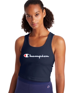 Champion Authentic Crop Script Logo T-shirt Dam Marinblå | 9367504-UF