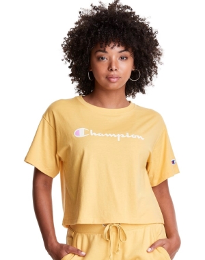 Champion Cropped Script Logo T-shirt Dam Gula | 2389157-GK