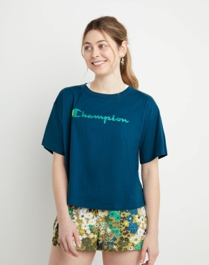 Champion Cropped Script Logo T-shirt Dam Blå | 2857314-GY