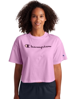 Champion Cropped Script Logo T-shirt Dam Rosa | 7190863-LK