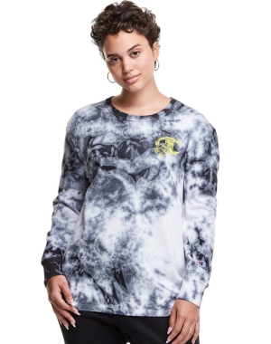 Champion Galaxy Dye Long-Sleeve Boyfriend C Flower Logo T-shirt Dam Vita Svarta | 7690843-RL