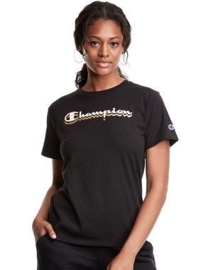 Champion Klassiska Drop Shadow Foil Script Logo T-shirt Dam Svarta | 6724385-PF