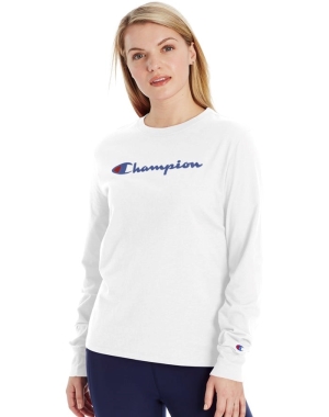 Champion Klassiska Long-Sleeve Script Logo T-shirt Dam Vita | 2314768-DX