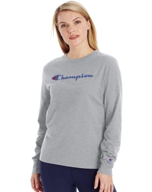 Champion Klassiska Long-Sleeve Script Logo T-shirt Dam Grå | 8361407-IP