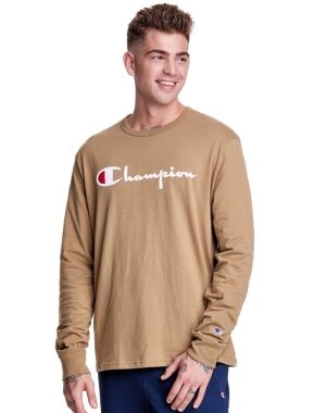 Champion Long-Sleeve Lätta Script Logo T-shirt Herr Khaki | 4297806-UY