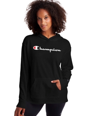 Champion Midweight Jersey Script Logo Hoodie Dam Svarta | 8931452-OX