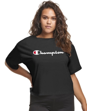 Champion Plus Cropped Script C Logo T-shirt Dam Svarta | 6381705-DN