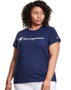 Champion Plus Klassiska Script Logo T-shirt Dam Marinblå | 0678254-AF