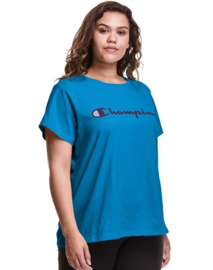 Champion Plus Klassiska Script Logo T-shirt Dam Blå | 0691374-CO