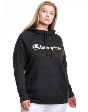 Champion Plus Powerblend Fleece Drop Shadow Foil Script Logo Hoodie Dam Svarta | 3125607-AH