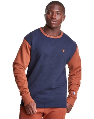 Champion Powerblend Fleece Crew Double Collar Crew Embroidered C Logo Tröjor Herr Marinblå Bruna | 4786132-OY