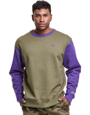 Champion Powerblend Fleece Crew Double Collar Crew Embroidered C Logo Tröjor Herr Olivgröna Lila | 9731254-VS