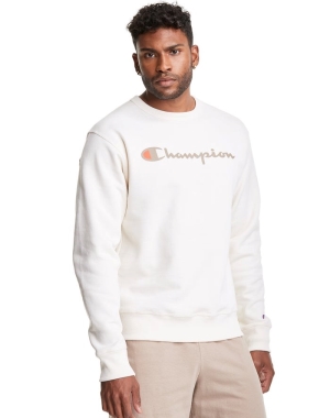 Champion Powerblend Fleece Crew Script Logo Tröjor Herr Vita | 0452719-GR