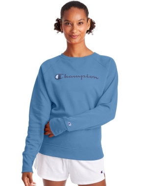 Champion Powerblend Fleece Klassiska Crew Script Logo T-shirt Dam Blå | 7394520-JU