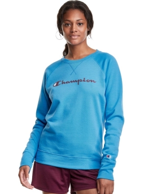 Champion Powerblend Fleece Klassiska Crew Script Logo T-shirt Dam Blå | 8614507-TA