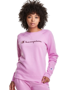 Champion Powerblend Fleece Klassiska Crew Script Logo T-shirt Dam Rosa | 9345612-VL