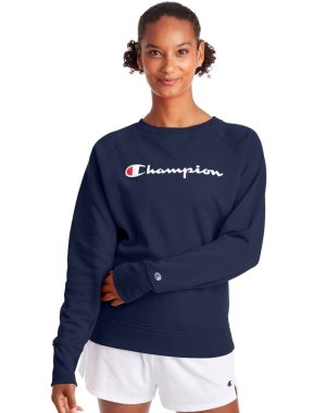 Champion Powerblend Fleece Klassiska Crew Script Logo T-shirt Dam Marinblå | 9461875-LB