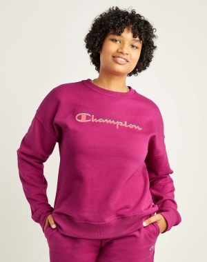 Champion Powerblend Fleece Relaxed Crew Script Logo T-shirt Dam Rosa | 1938620-VD