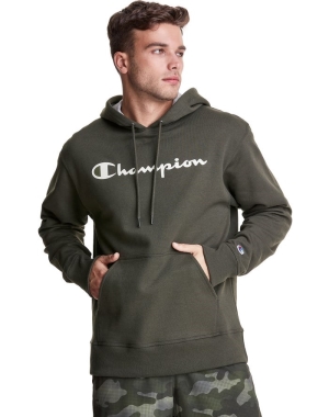 Champion Powerblend Fleece Script Logo Hoodie Herr Mörkgröna | 5017428-LQ