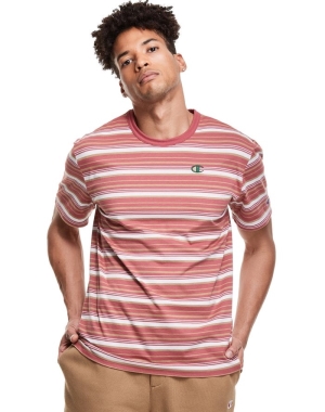 Champion Yarn-Dye Stripe C Logo T-shirt Herr Korall Vita | 0467891-CT