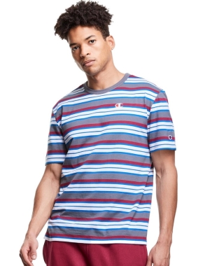 Champion Yarn-Dye Stripe C Logo T-shirt Herr Grå Vita Röda | 2817934-HD