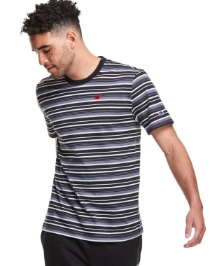 Champion Yarn-Dye Stripe C Logo T-shirt Herr Svarta Grå | 5234867-HV