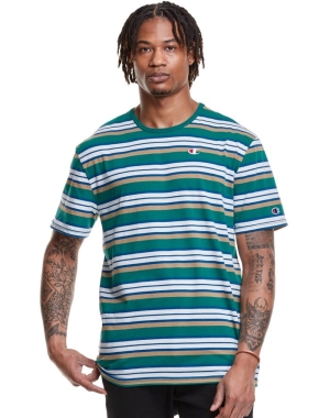 Champion Yarn-Dye Stripe C Logo T-shirt Herr Gröna Vita | 6501728-KD