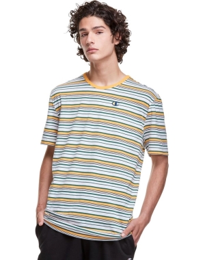 Champion Yarn-Dye Stripe C Logo T-shirt Herr Vita Gula | 7428531-TV