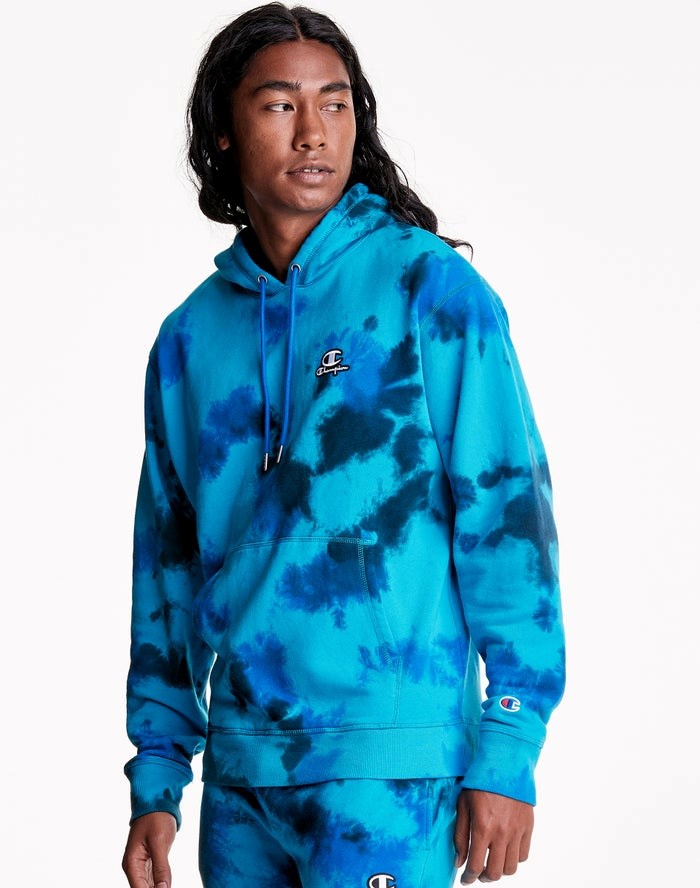 Champion Astro Dye Embroidered C And Script Logo Hoodie Herr Blå Svarta | 9546312-NU