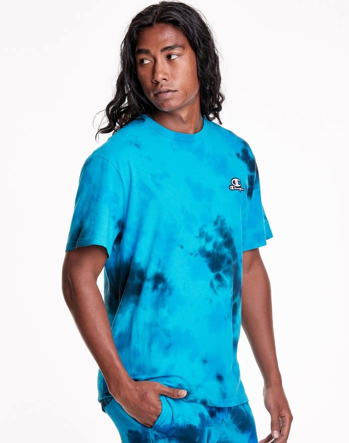 Champion Astro Dye Embroidered C Logo & Script Applique T-shirt Herr Blå Svarta | 0952341-DG