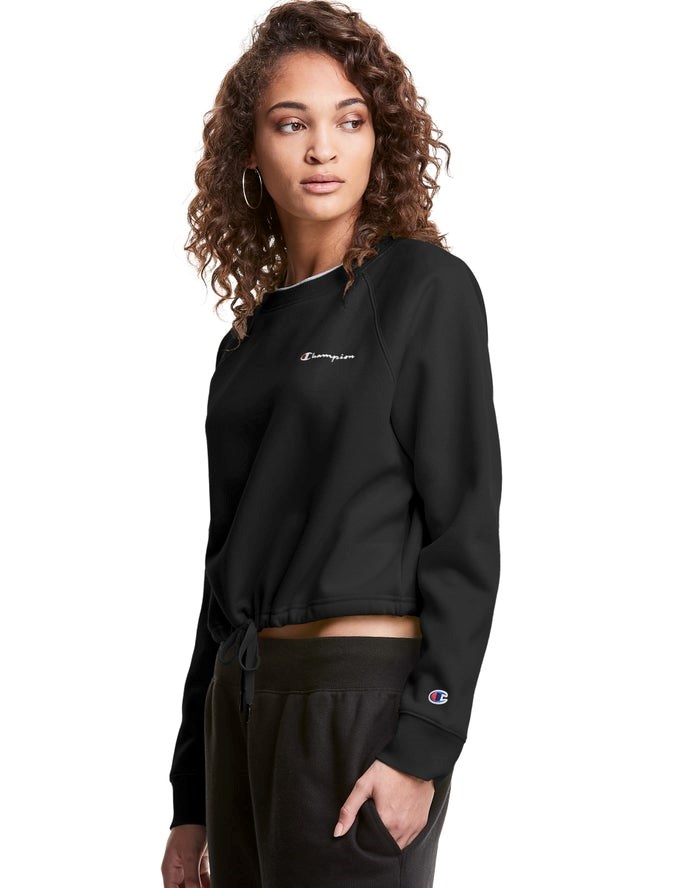 Champion Campus Fleece Cropped Crew Embroidered Script Logo Tröjor Dam Svarta | 7302841-RY