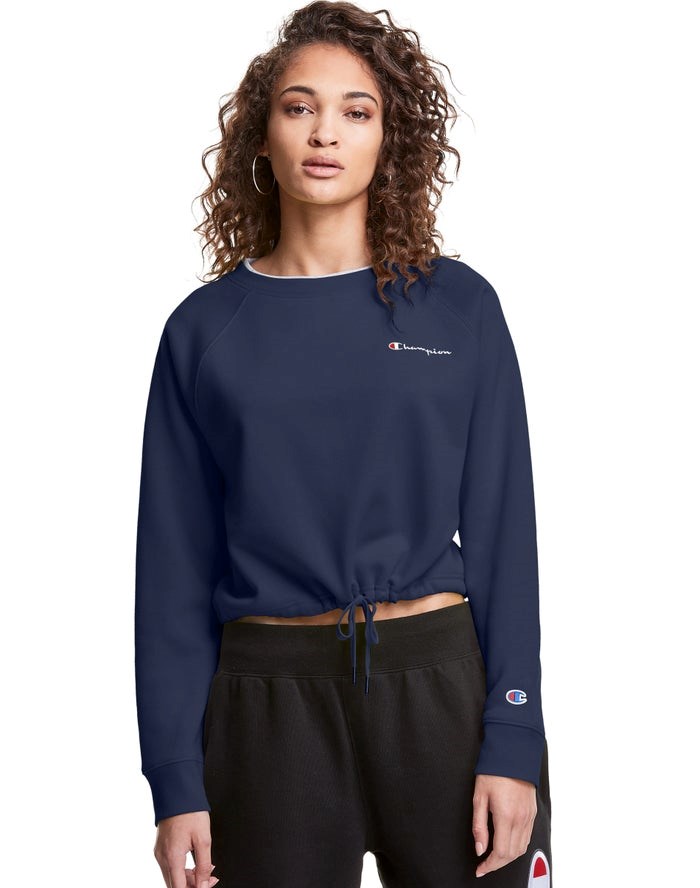 Champion Campus Fleece Cropped Crew Embroidered Script Logo Tröjor Dam Marinblå | 8165304-KO