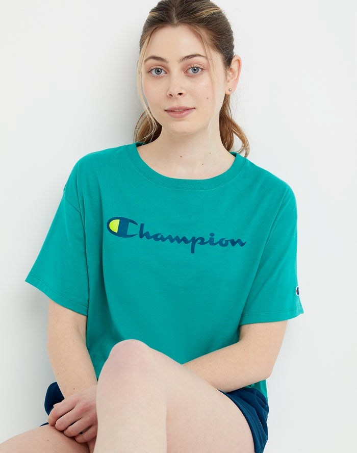 Champion Cropped Script Logo T-shirt Dam Turkos | 0914357-ON