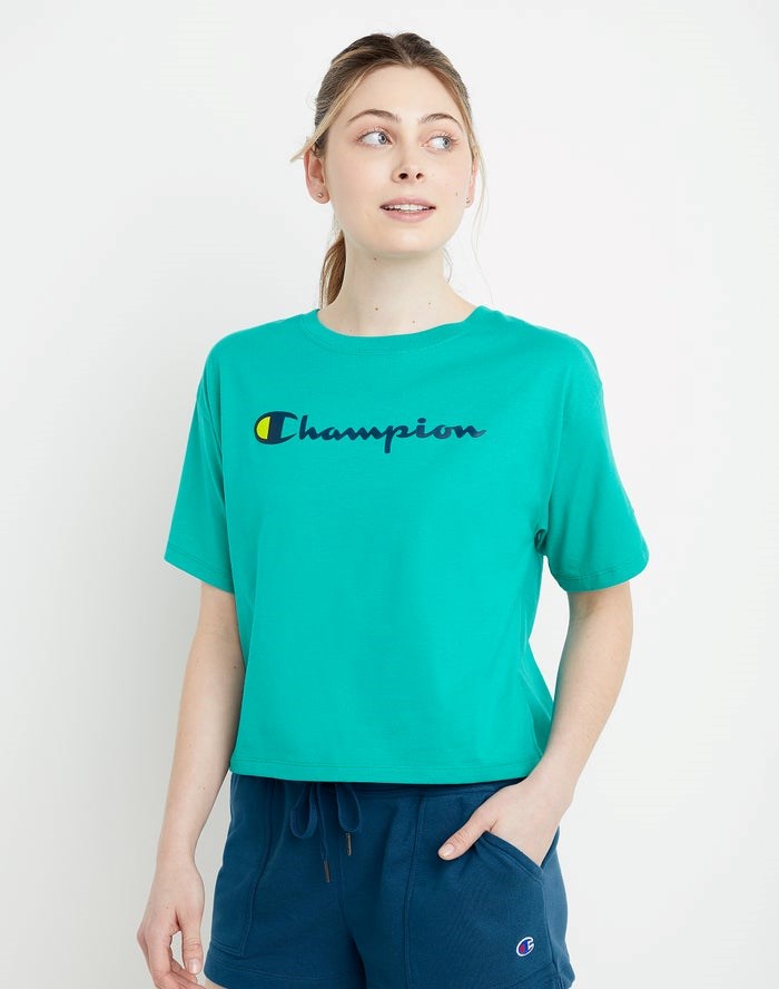 Champion Cropped Script Logo T-shirt Dam Turkos | 0914357-ON