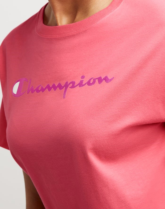 Champion Cropped Script Logo T-shirt Dam Korall | 1273405-GE