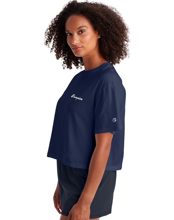 Champion Cropped Script Logo T-shirt Dam Marinblå | 2051893-ME