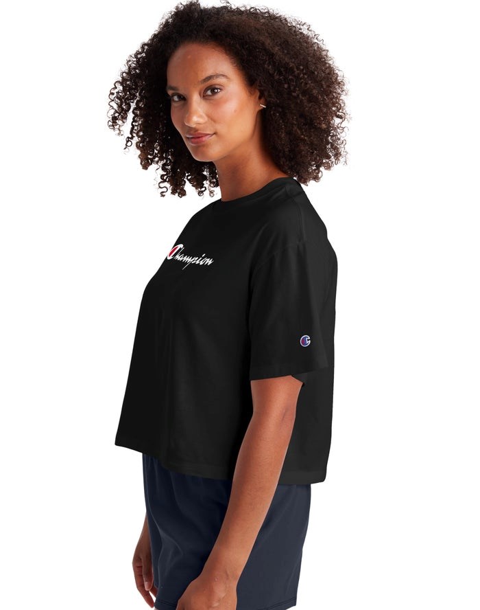 Champion Cropped Script Logo T-shirt Dam Svarta | 3069182-LF