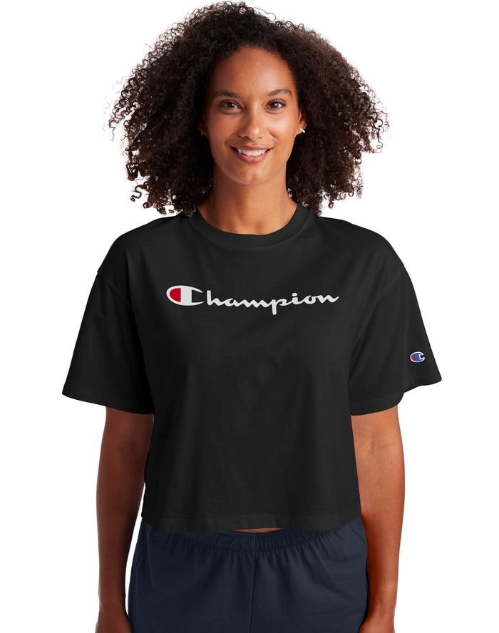 Champion Cropped Script Logo T-shirt Dam Svarta | 3069182-LF