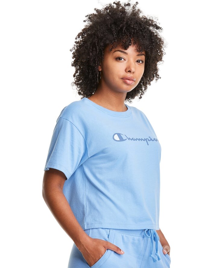 Champion Cropped Script Logo T-shirt Dam Ljusblå | 3124785-EA