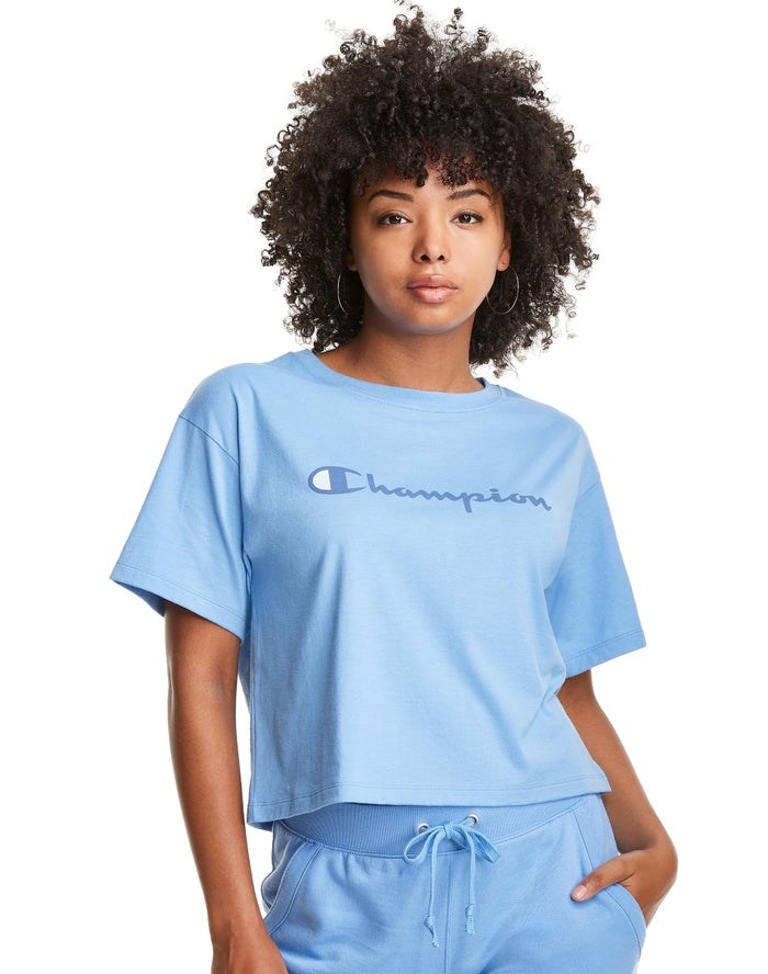 Champion Cropped Script Logo T-shirt Dam Ljusblå | 3124785-EA