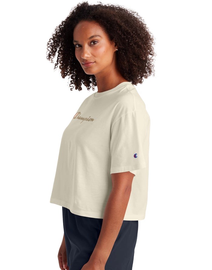 Champion Cropped Script Logo T-shirt Dam Grädde | 5732810-VY