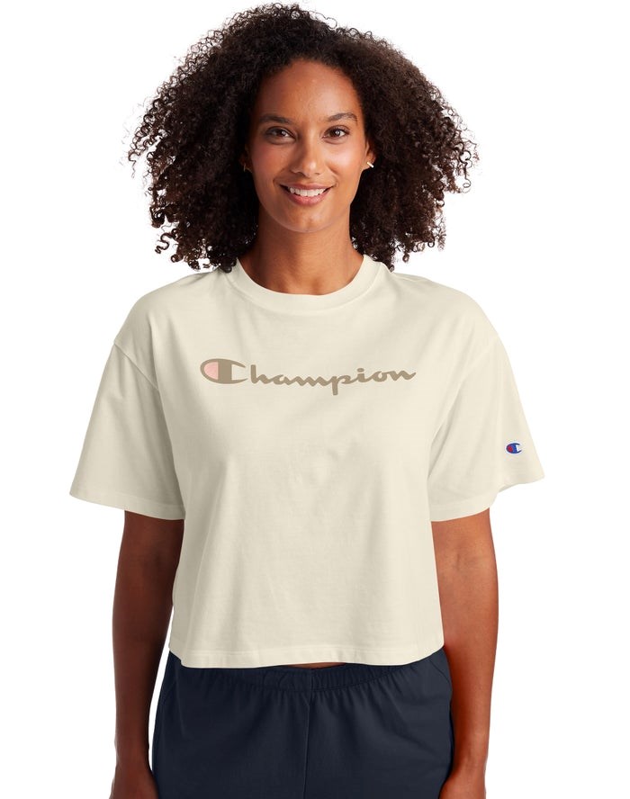 Champion Cropped Script Logo T-shirt Dam Grädde | 5732810-VY