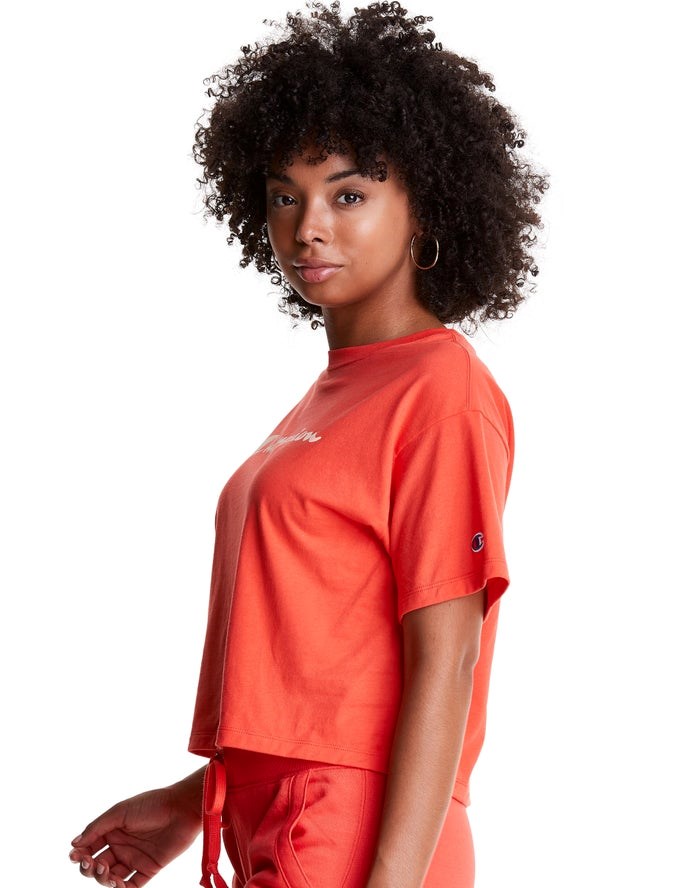 Champion Cropped Script Logo T-shirt Dam Orange | 6023418-AH