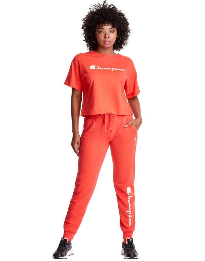 Champion Cropped Script Logo T-shirt Dam Orange | 6023418-AH