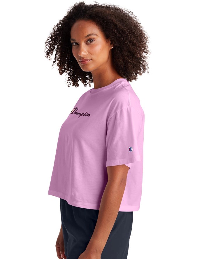 Champion Cropped Script Logo T-shirt Dam Rosa | 7190863-LK