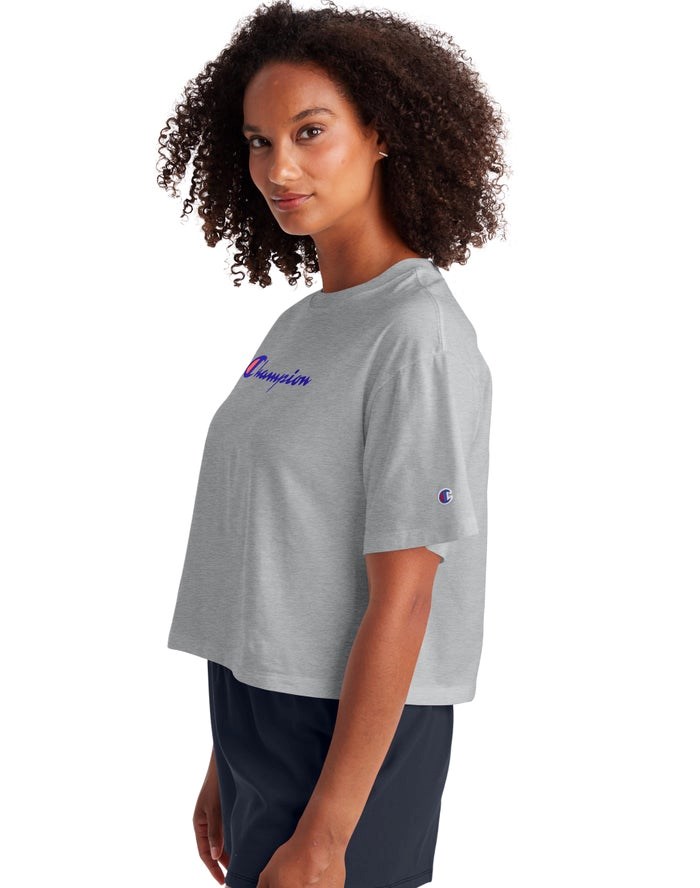 Champion Cropped Script Logo T-shirt Dam Grå | 7583641-DC