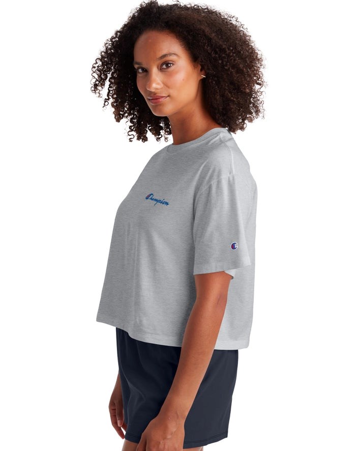 Champion Cropped Script Logo T-shirt Dam Grå | 8357469-DE