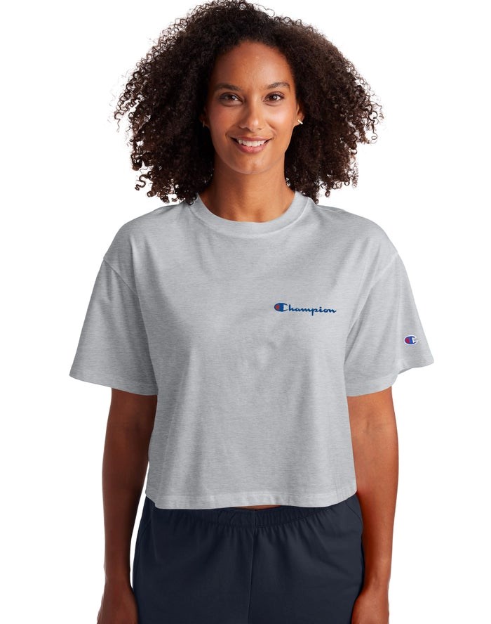 Champion Cropped Script Logo T-shirt Dam Grå | 8357469-DE