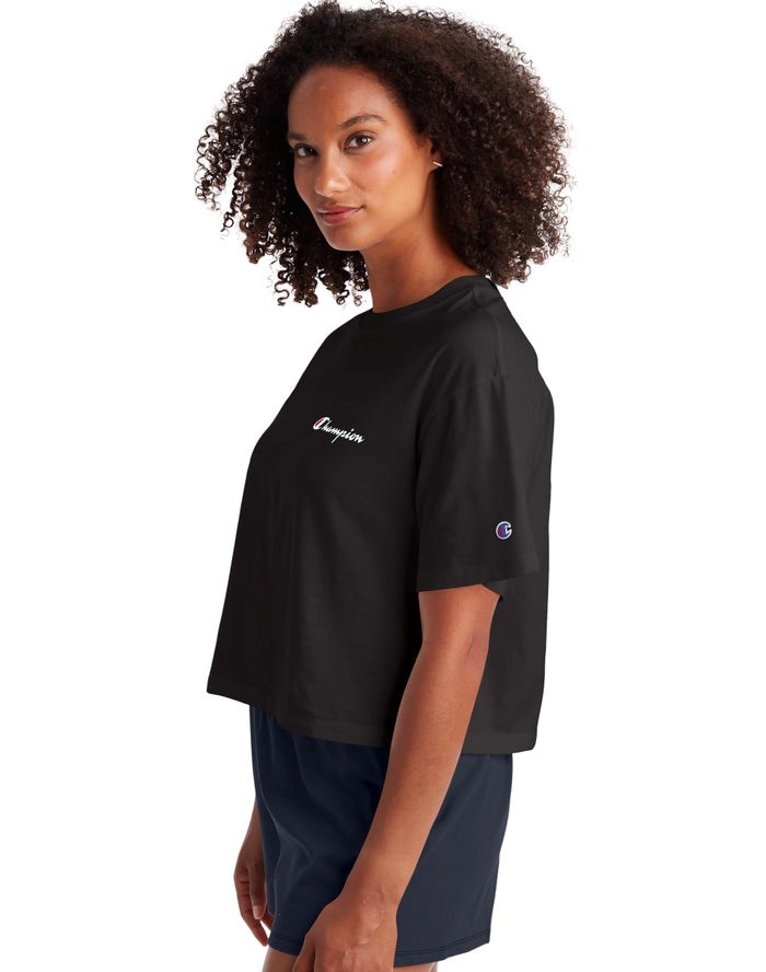 Champion Cropped Script Logo T-shirt Dam Svarta | 9078412-FL